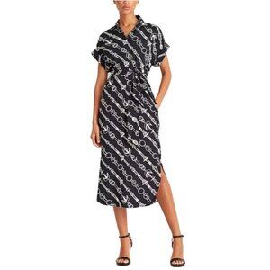 Ralph Lauren Navy Blue Size 4P Anchor Nautical Belted Midi Crepe Shirtdress